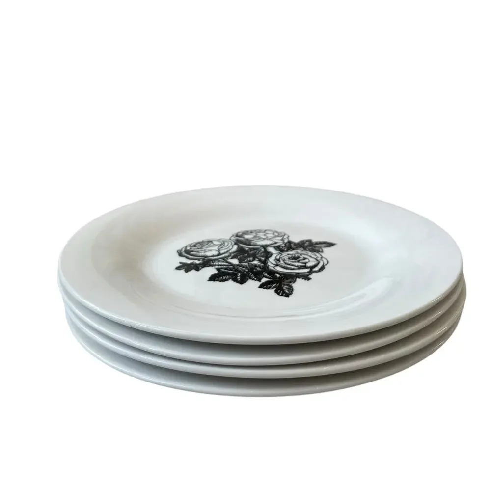 Godinger Floral Salad Plates 7.5in Porcelain Black & White Roses Set of 4 NEW